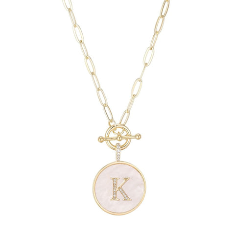14k Gold Plated Mother-of-Pearl CZ Initial Toggle Necklace