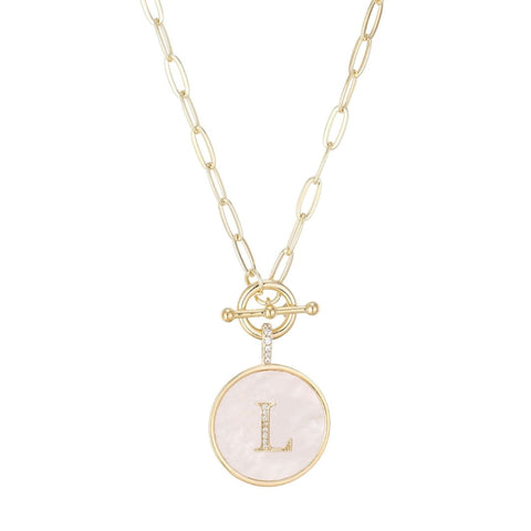 14k Gold Plated Mother-of-Pearl CZ Initial Toggle Necklace
