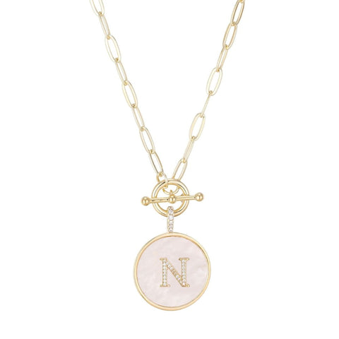 14k Gold Plated Mother-of-Pearl CZ Initial Toggle Necklace