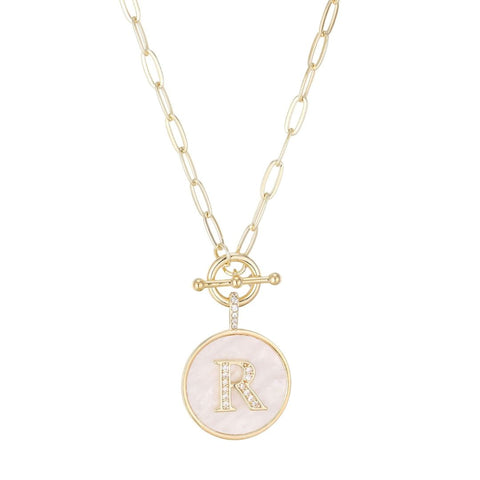 14k Gold Plated Mother-of-Pearl CZ Initial Toggle Necklace
