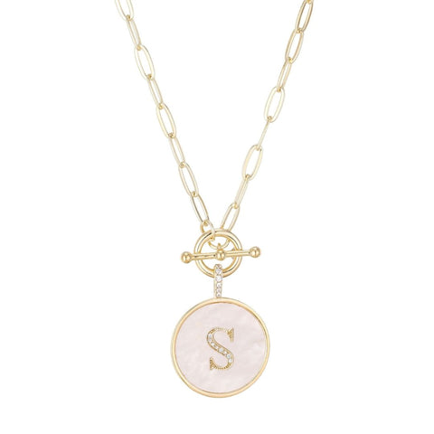 14k Gold Plated Mother-of-Pearl CZ Initial Toggle Necklace
