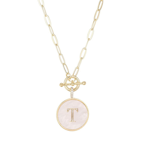 14k Gold Plated Mother-of-Pearl CZ Initial Toggle Necklace