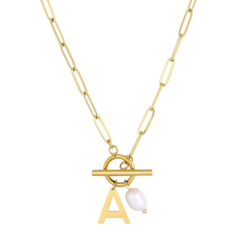 Tarnish Resistant 18k Gold Plated Freshwater Pearl Initial Toggle Necklace