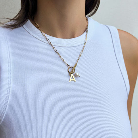 Tarnish Resistant 18k Gold Plated Freshwater Pearl Initial Toggle Necklace