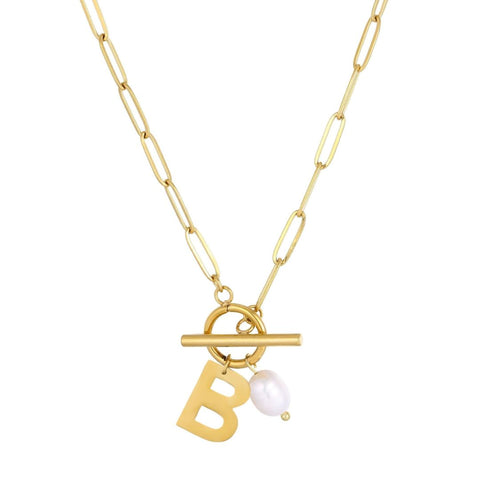 Tarnish Resistant 18k Gold Plated Freshwater Pearl Initial Toggle Necklace