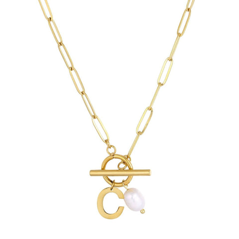 Tarnish Resistant 18k Gold Plated Freshwater Pearl Initial Toggle Necklace