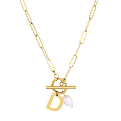 Tarnish Resistant 18k Gold Plated Freshwater Pearl Initial Toggle Necklace
