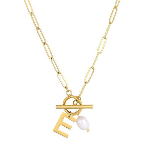 Tarnish Resistant 18k Gold Plated Freshwater Pearl Initial Toggle Necklace