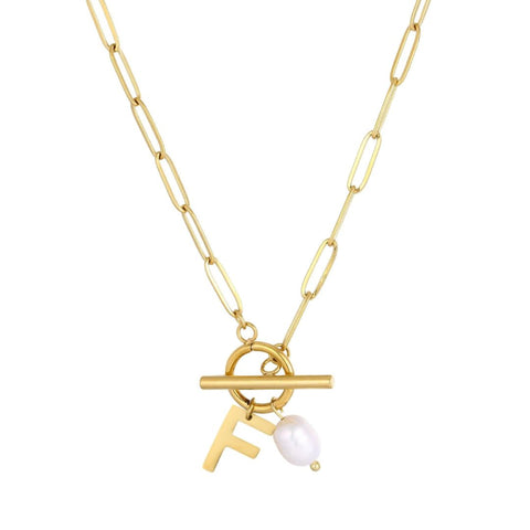 Tarnish Resistant 18k Gold Plated Freshwater Pearl Initial Toggle Necklace