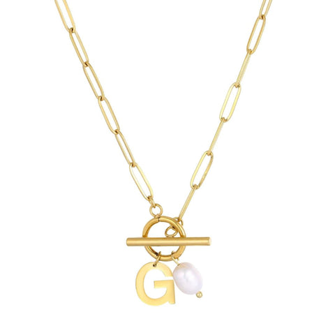 Tarnish Resistant 18k Gold Plated Freshwater Pearl Initial Toggle Necklace