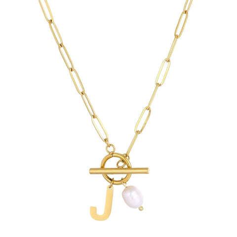 Tarnish Resistant 18k Gold Plated Freshwater Pearl Initial Toggle Necklace