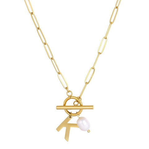 Tarnish Resistant 18k Gold Plated Freshwater Pearl Initial Toggle Necklace