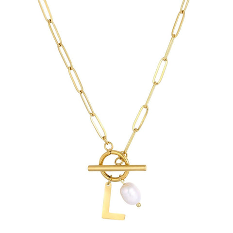 Tarnish Resistant 18k Gold Plated Freshwater Pearl Initial Toggle Necklace