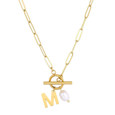 Tarnish Resistant 18k Gold Plated Freshwater Pearl Initial Toggle Necklace