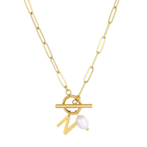 Tarnish Resistant 18k Gold Plated Freshwater Pearl Initial Toggle Necklace