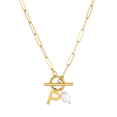 Tarnish Resistant 18k Gold Plated Freshwater Pearl Initial Toggle Necklace