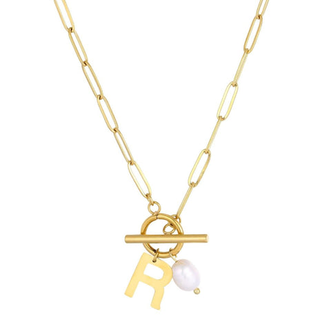 Tarnish Resistant 18k Gold Plated Freshwater Pearl Initial Toggle Necklace