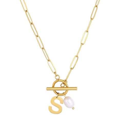 Tarnish Resistant 18k Gold Plated Freshwater Pearl Initial Toggle Necklace