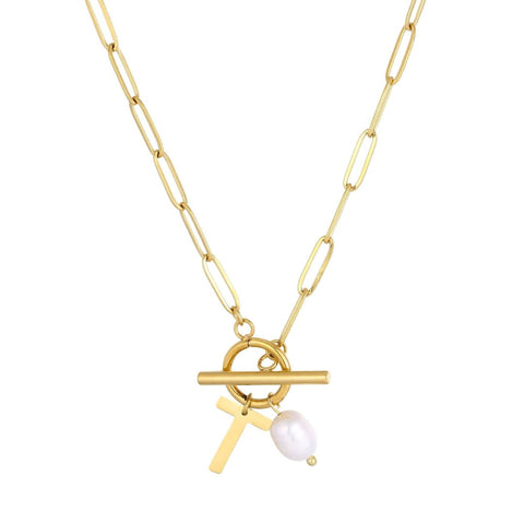 Tarnish Resistant 18k Gold Plated Freshwater Pearl Initial Toggle Necklace