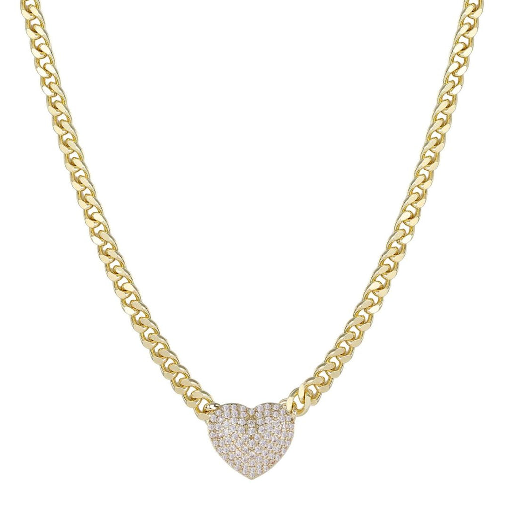 14k Gold Plated Chunky CZ Heart Curb Chain Necklace