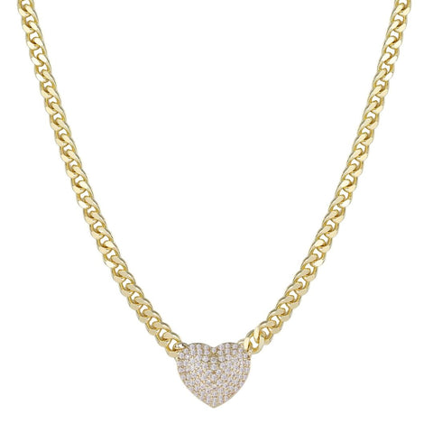 14k Gold Plated Chunky CZ Heart Curb Chain Necklace