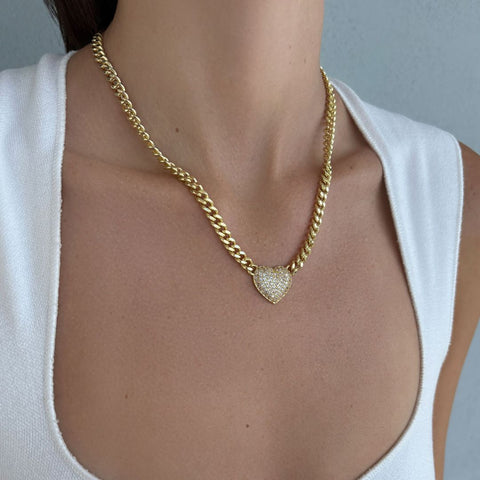 14k Gold Plated Chunky CZ Heart Curb Chain Necklace