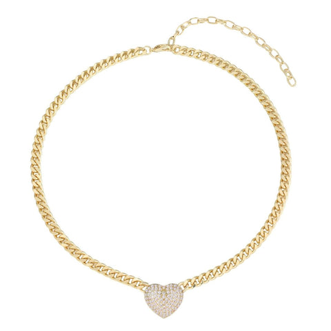 14k Gold Plated Chunky CZ Heart Curb Chain Necklace