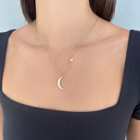 Tarnish Resistant 18k Gold Plated Moon and Star Pendant Necklace