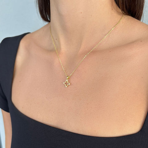 14k Gold Plated CZ Pointed Clover Outline Necklace