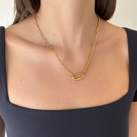 Tarnish Resistant 18k Gold Plated Carabiner Lock Paperclip Chain Necklace