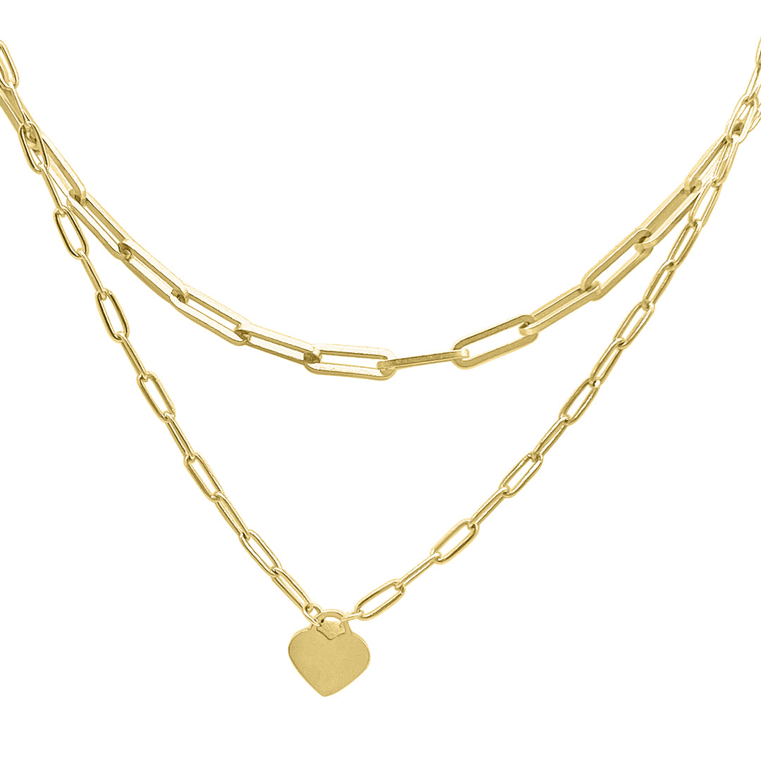 Tarnish Resistant 14k Gold Plated Layered Paper Clip Chain Heart