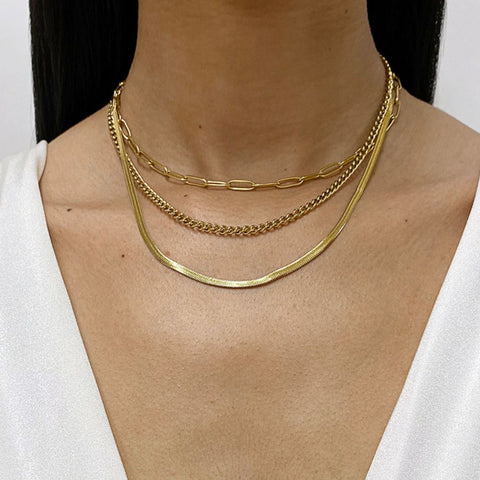 Curb Chain, Paper Clip Chain, and Herringbone Chain Necklace Set gold