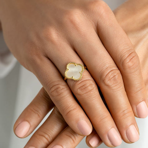 Adjustable White Mother of Pearl Flower Ring gold