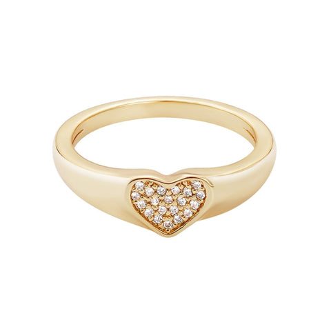 14k Gold Plated CZ Pave Heart Signet Pinky Ring