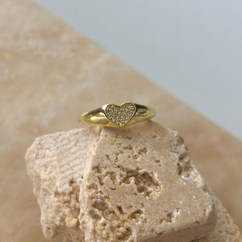 14k Gold Plated CZ Pave Heart Signet Pinky Ring