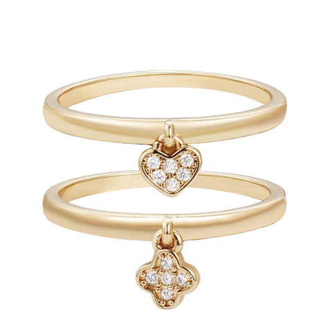 14k Gold Plated Dangling CZ Heart and Clover Rings Set