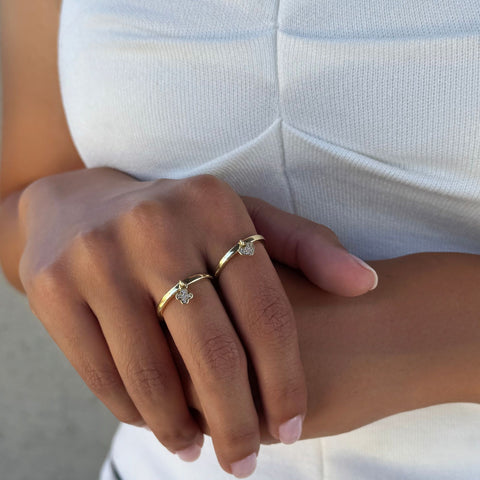 14k Gold Plated Dangling CZ Heart and Clover Rings Set