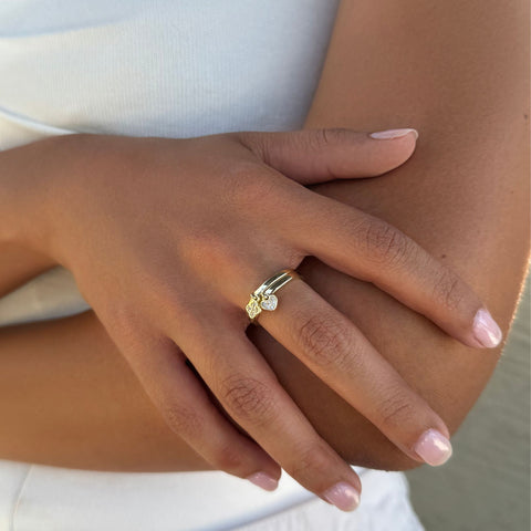 14k Gold Plated Dangling CZ Heart and Clover Rings Set