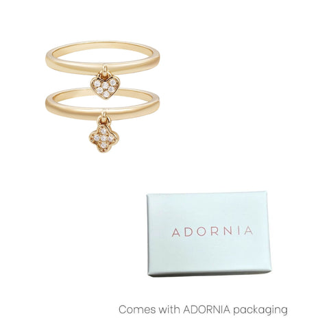 14k Gold Plated Dangling CZ Heart and Clover Rings Set