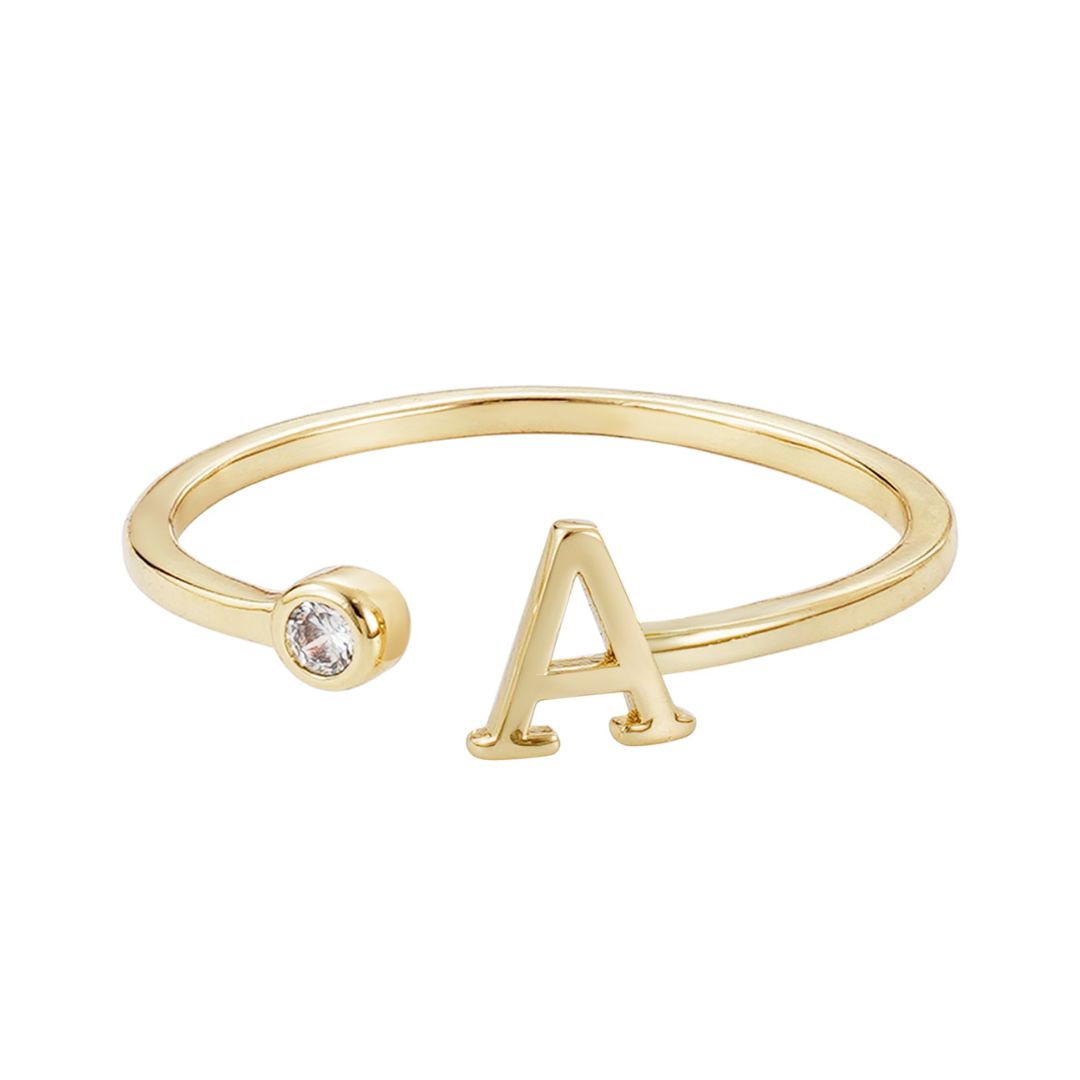 14k Gold Plated Adjustable CZ Initial Ring – ADORNIA