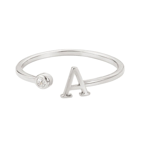 Silver Plated Adjustable CZ Initial Ring
