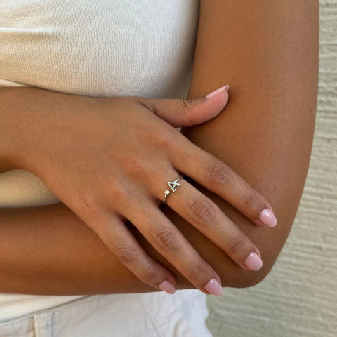 Silver Plated Adjustable CZ Initial Ring
