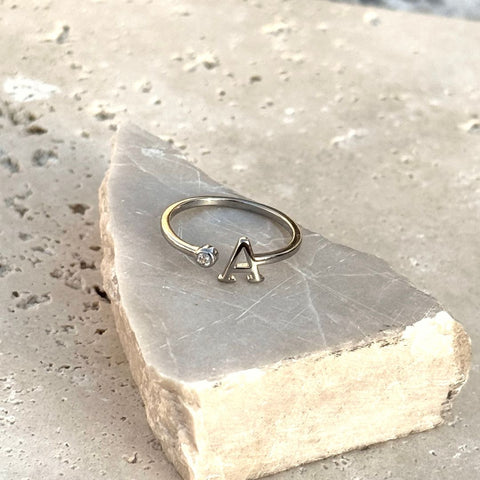 Silver Plated Adjustable CZ Initial Ring