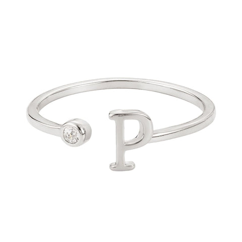 Silver Plated Adjustable CZ Initial Ring