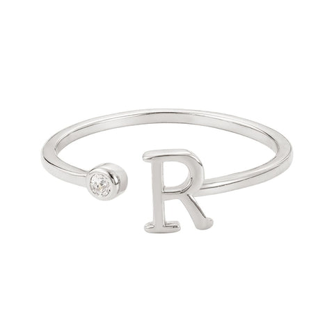 Silver Plated Adjustable CZ Initial Ring
