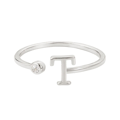 Silver Plated Adjustable CZ Initial Ring