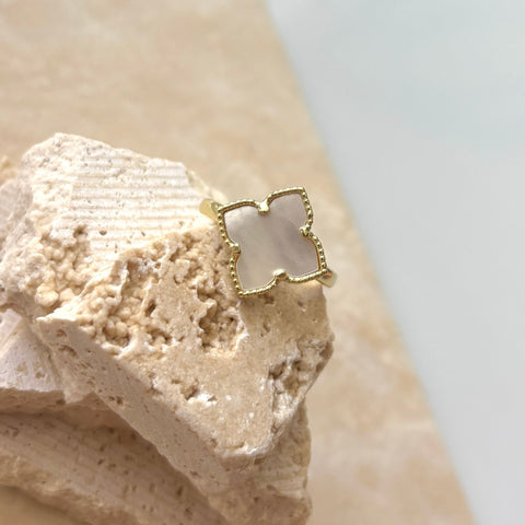 14k Gold Plated White Mother of Pearl Flower Ring