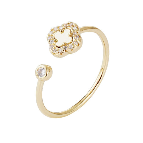 14k Gold Plated CZ Open Band Clover Ring