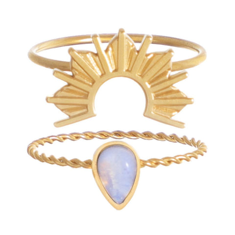 Tarnish Resistant 18k Gold Plated Opal Sunrise Ring Set