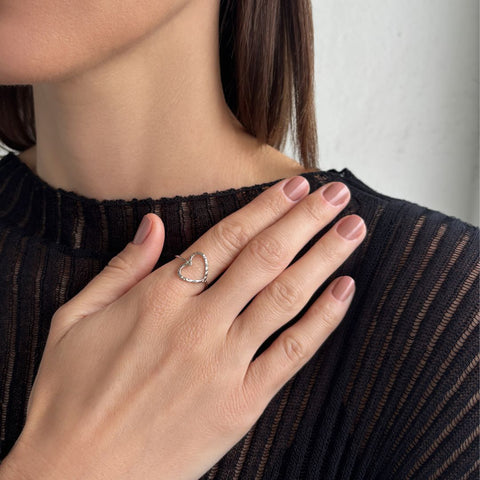 Silver Plated Hammered Open Heart Ring